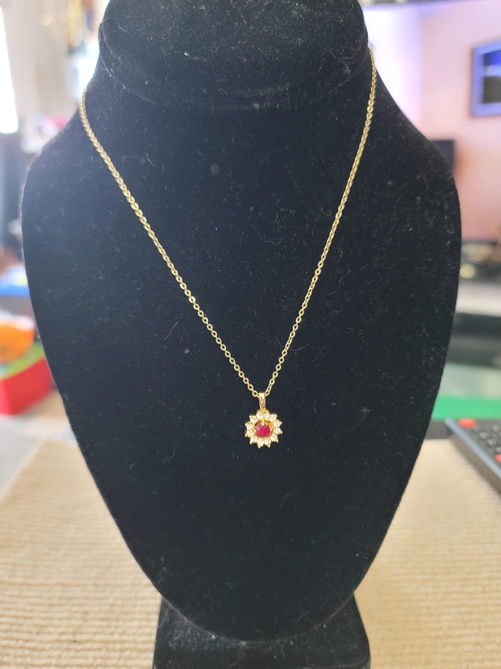 QVC Gold-Tone Floral Pendant Necklace with Red Center